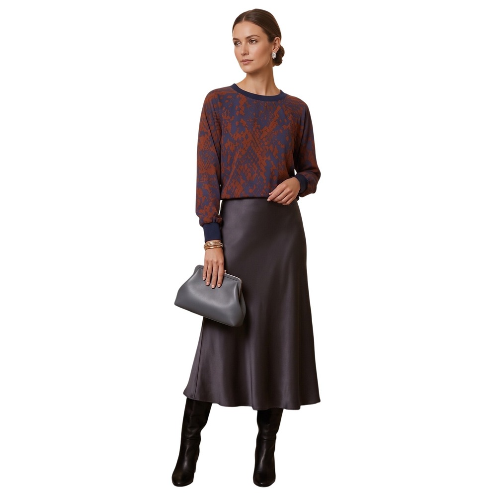 TRINA TURK Silk Sweatshirt Abstract Animal Print Navy Rust Med Luxe $268